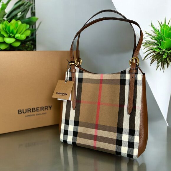 Burberry Small Canterby Tan Leather Check Canvas Tote Bag Purse - Picture 1 of 8